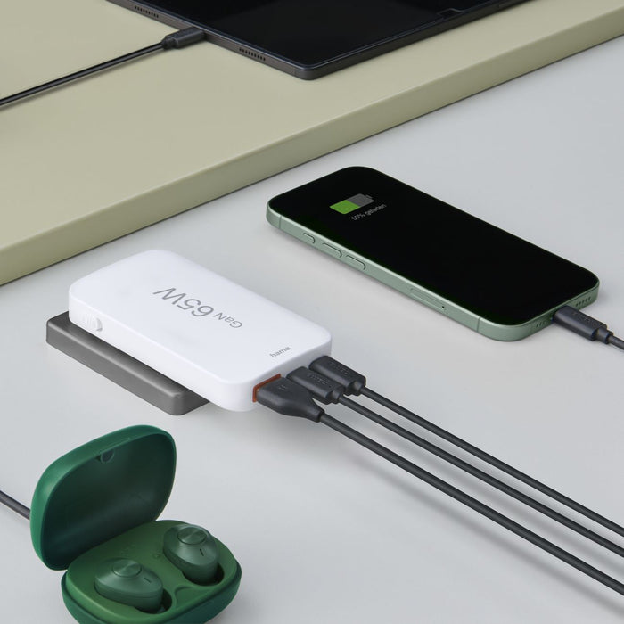 Hama GaN Charger 65W 2x USB-C 1x USB-A Foldable - White