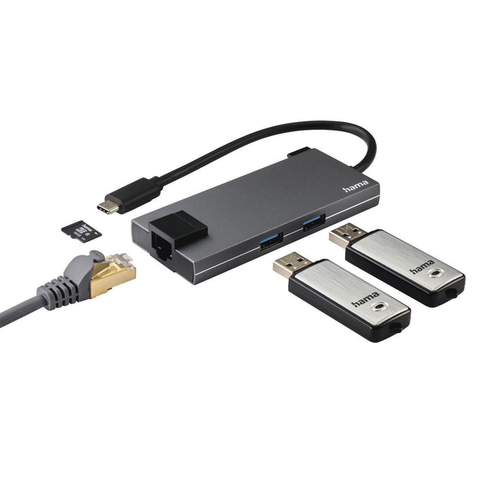 USB-C hub, 5-port, 2 x USB-A, 1 x USB-C, 1 x HDMI, 1x LAN, Gray