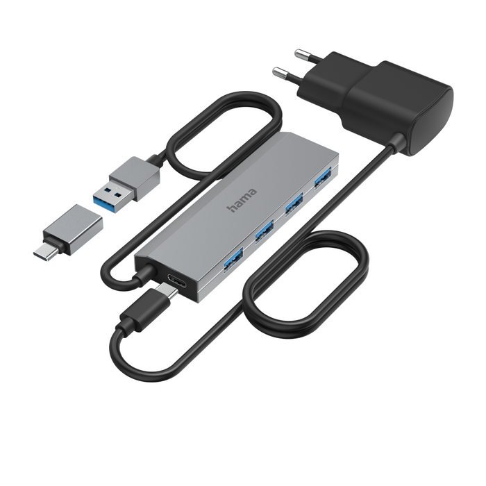 HAMA 4-port hub, USB 3.2 Gen 1, 5 Gbit/s, USB-C adapter, auto. power supply