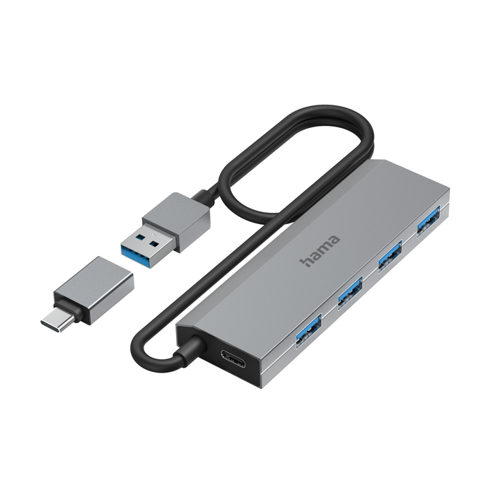 HAMA 4-port hub, USB 3.2 Gen 1, 5 Gbit/s, USB-C adapter, auto. power supply