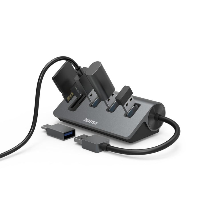 HAMA USB hub/card reader, 5 ports, 3x USB-A, SD, microSD, incl. USB-C adapter