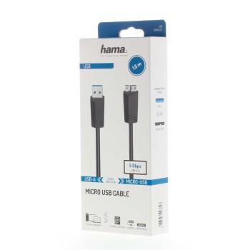 Cable HAMA, USB 3.0 A male - USB 3.0 Micro-B male, 1.5 m, 5Gbit/s, Black