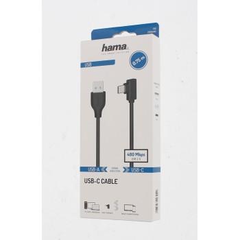 Cable HAMA USB-C male - USB A, 90°, 0.75 m, USB 2.0, 480Mbit/s, Black