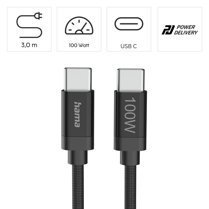 Hama Charging cable, "Fabric", USB-C - USB-C, 100 W, 3 m, Nylon, black