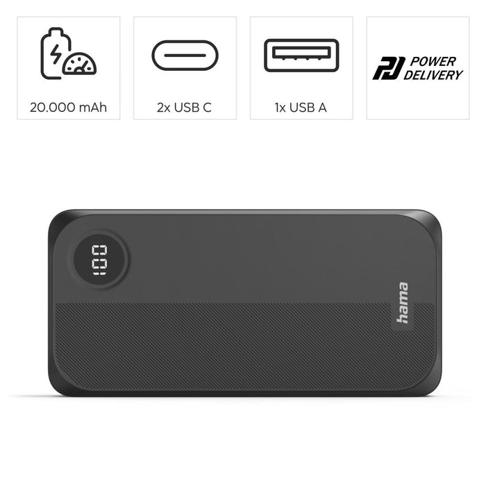 HAMA External battery 20000 mAh, 3 outputs: 2 x USB-C, 1 x USB-A, black