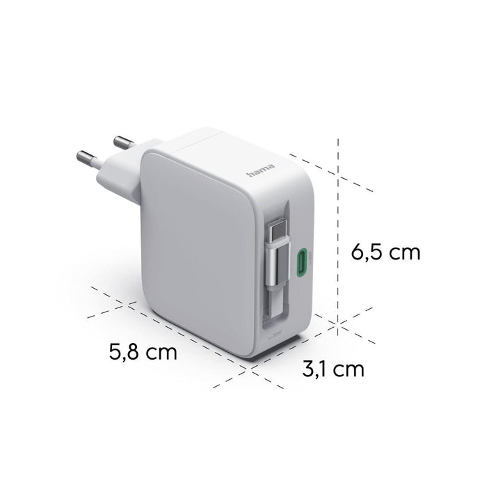 HAMA Fast charger, 30 W, GaN, 2x USB-C, with extension cable 0.7m, white