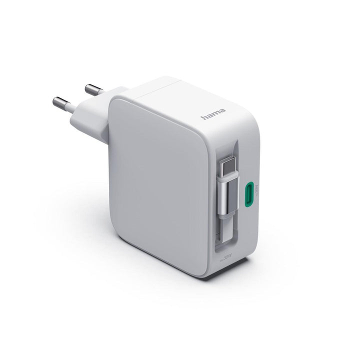 HAMA Fast charger, 30 W, GaN, 2x USB-C, with extension cable 0.7m, white