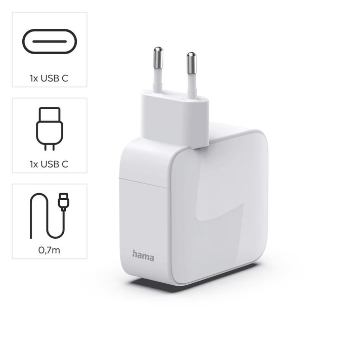 HAMA Fast charger, 30 W, GaN, 2x USB-C, with extension cable 0.7m, white