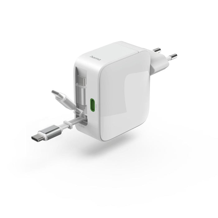 HAMA Fast charger, 30 W, GaN, 2x USB-C, with extension cable 0.7m, white