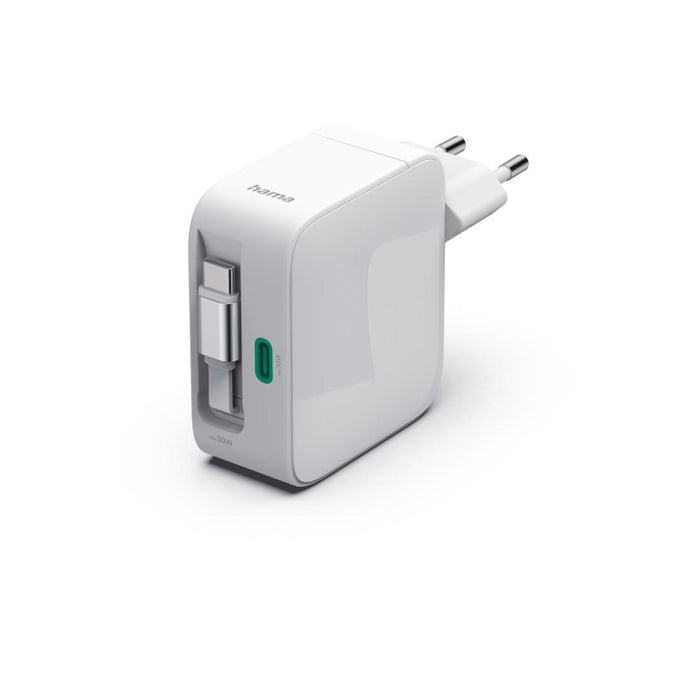 HAMA Fast charger, 30 W, GaN, 2x USB-C, with extension cable 0.7m, white
