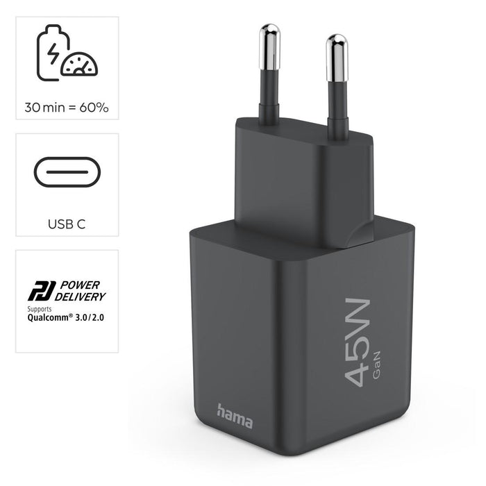 HAMA Fast mini charger GaN, USB-C, PD, 45 W, black