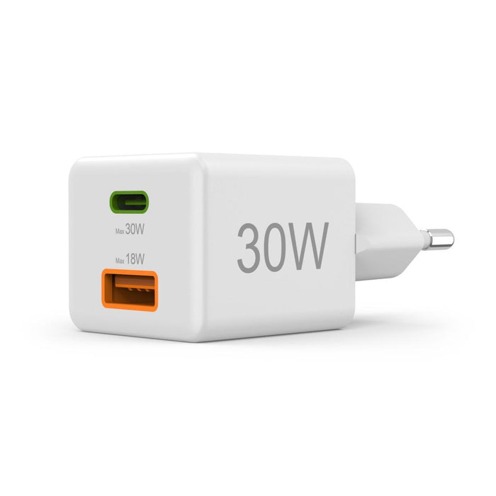 HAMA Fast mini Gan charger, 30 W, 1x USB-C, 1x USB-A, PD, white