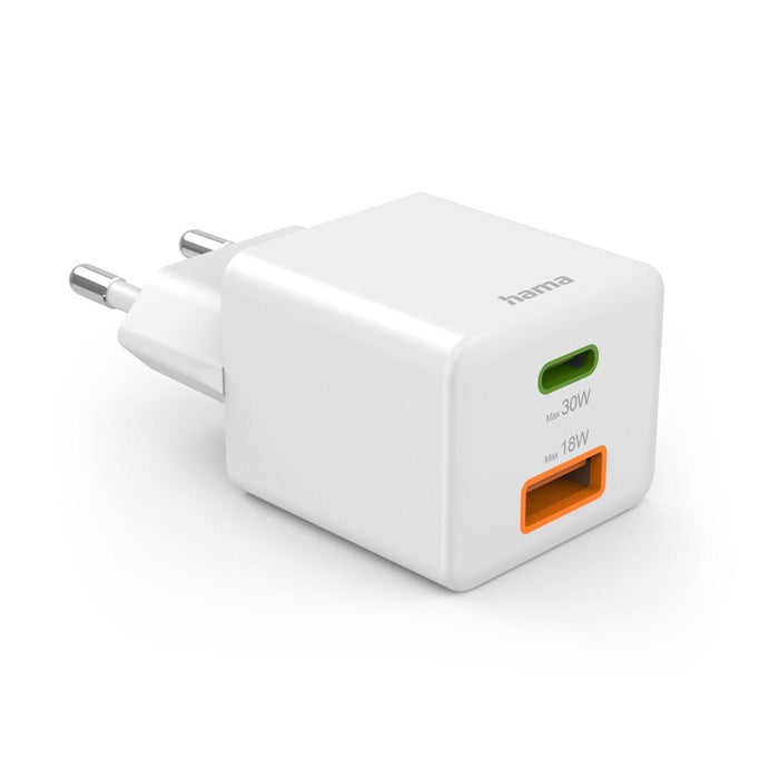 HAMA Fast mini Gan charger, 30 W, 1x USB-C, 1x USB-A, PD, white