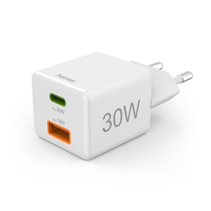 HAMA Fast mini Gan charger, 30 W, 1x USB-C, 1x USB-A, PD, white