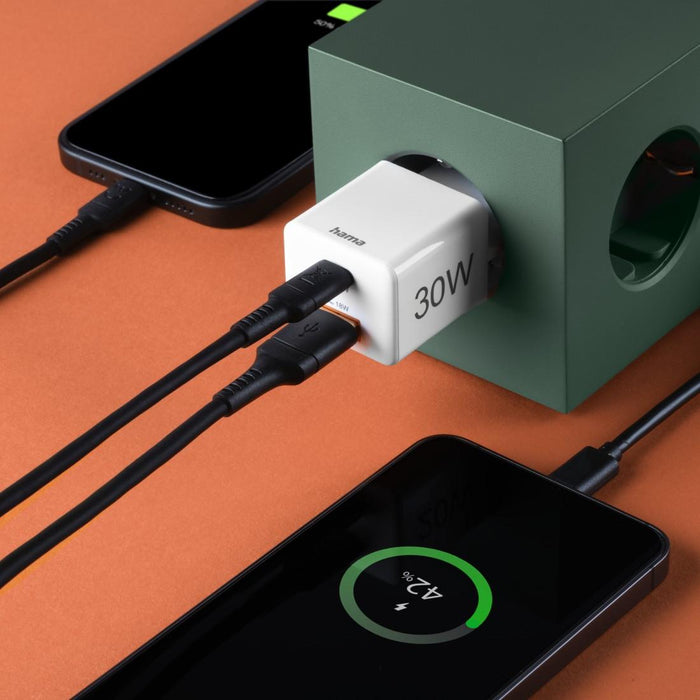 HAMA Fast mini Gan charger, 30 W, 1x USB-C, 1x USB-A, PD, white