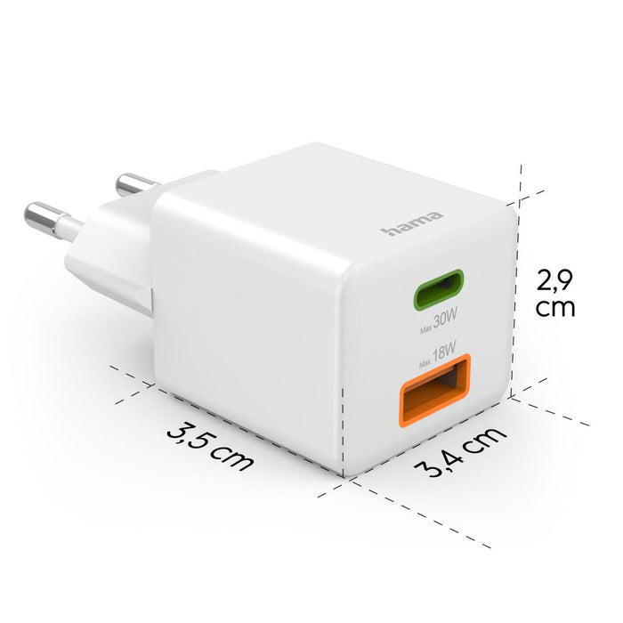 HAMA Fast mini Gan charger, 30 W, 1x USB-C, 1x USB-A, PD, white