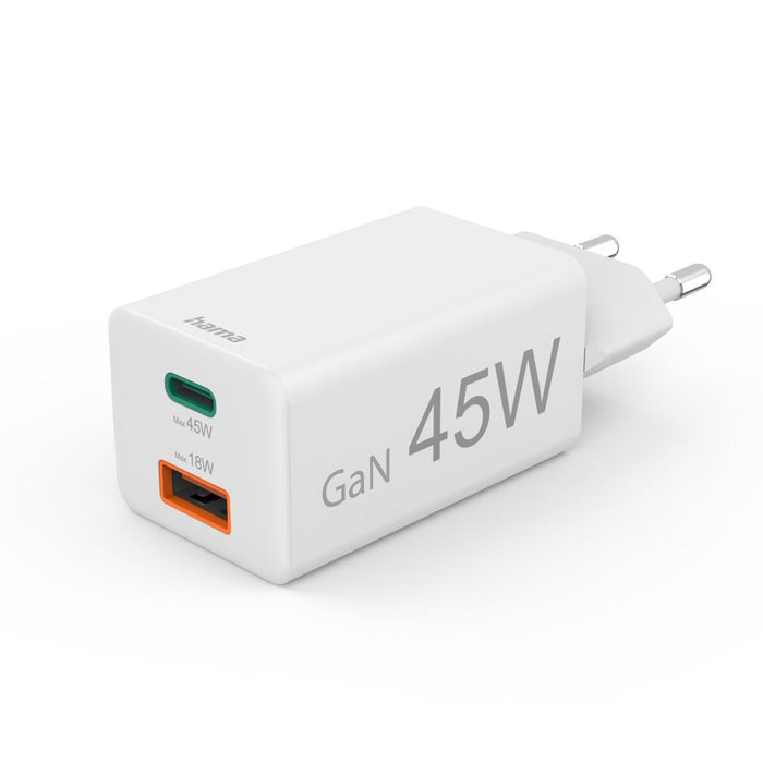 HAMA Fast mini charger, 45 W, 1x USB-C - 1x USB-A, PD, white