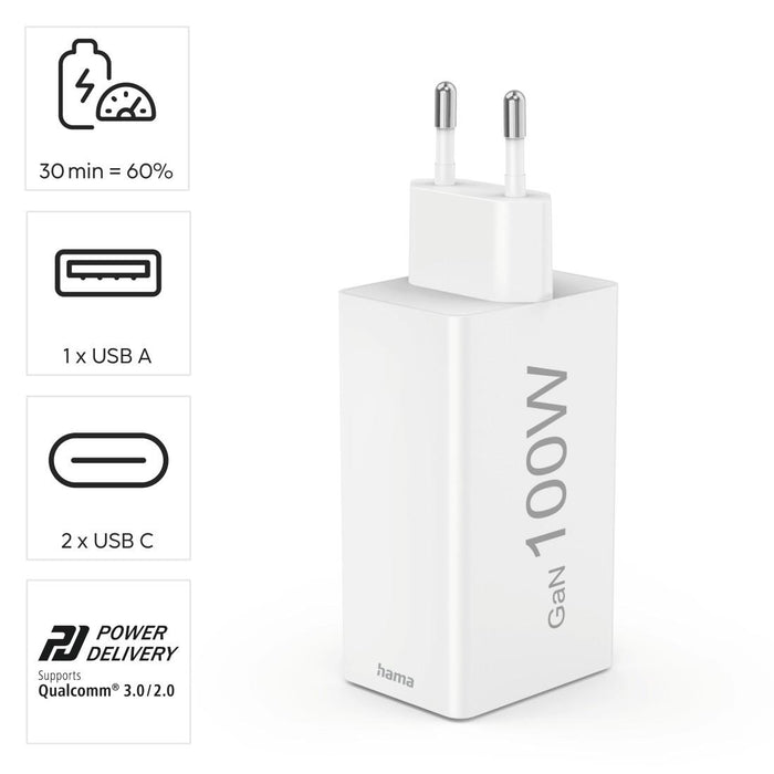 HAMA Fast charger 220V, 100 W GaN, 2x USB-C PD, 1x USB-A QC