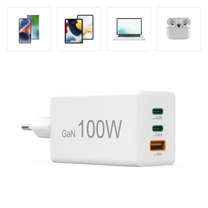 HAMA Fast charger 220V, 100 W GaN, 2x USB-C PD, 1x USB-A QC