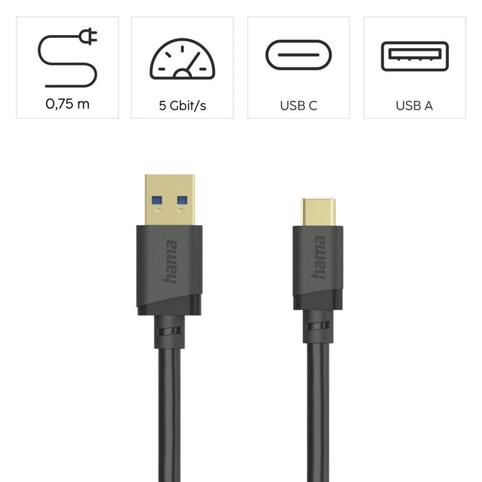 Cable USB-C - USB-A male, USB 3.2 Gen 1, 0.75m, 5Gbit/s