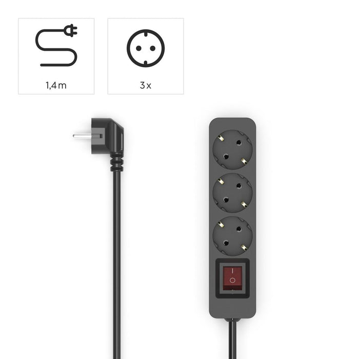 HAMA 3-socket power strip, 1.4m, black with on/off button