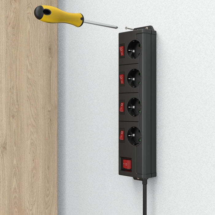HAMA Power strip with key, 4 sockets at 90°, wall mounting, 1.4m, black