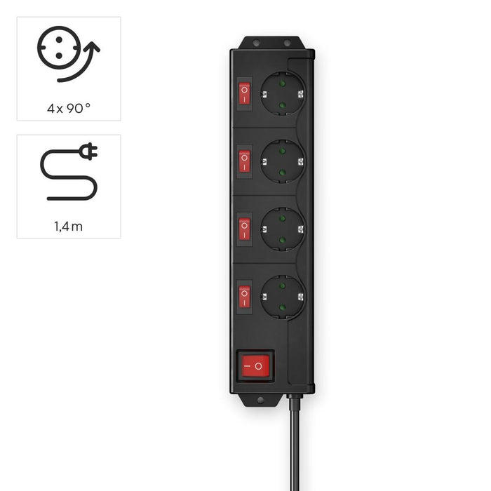 HAMA Power strip with key, 4 sockets at 90°, wall mounting, 1.4m, black