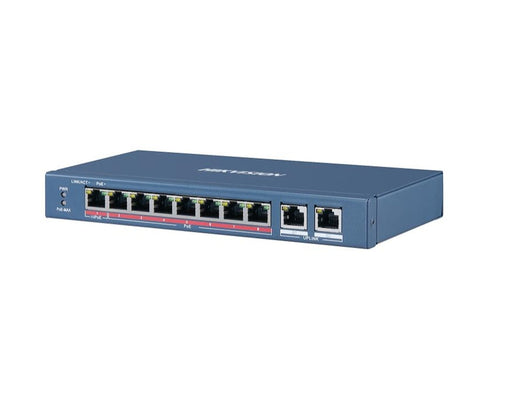 HikVision 10 Port Fast Ethernet Unmanaged POE Switch 8x 10/100 Mbps PoE port 2x Gigabit RJ45 port Power Budget 110W Up