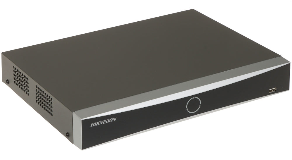 HikVision Network recorder, 4 IP Cameras, up to 8 MP (4x1080p/1x4K), H.265+, 1 SATA HDD up to 10TB, 2 USB, 100Mbit; Video input: HDMI 4K, VGA 1080p
