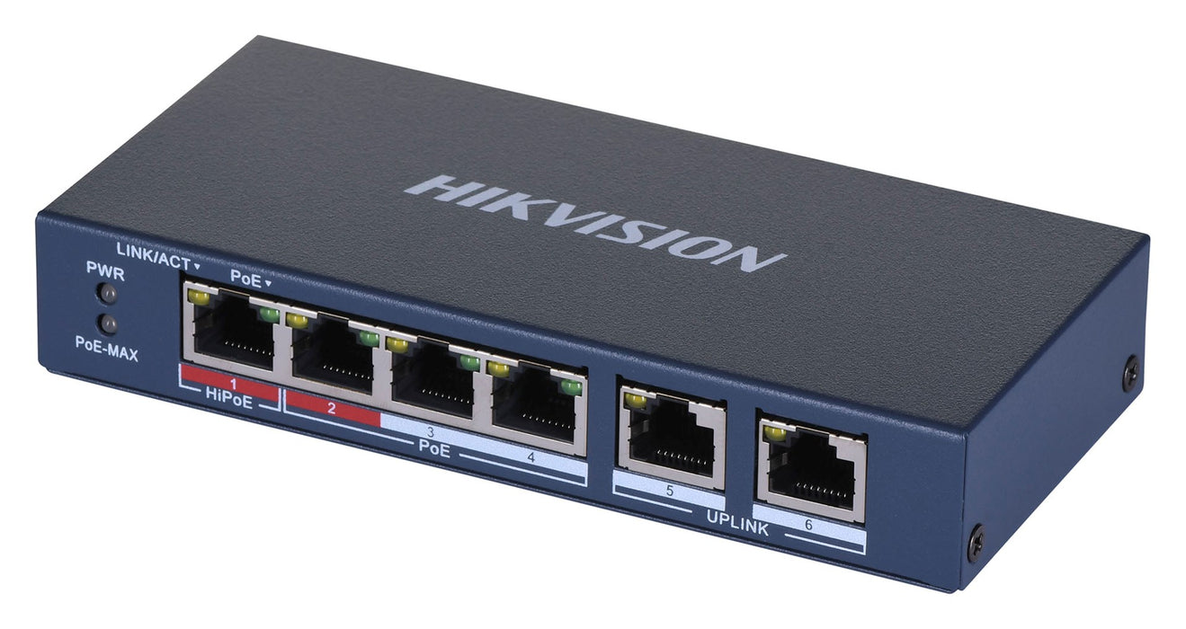 HikVision 6 Port Fast Ethernet Unmanaged POE Switch, 4x 10/100 Mbps PoE port, 2x 10/100 Mbps RJ45 port, Power Budget 60W, Up to 300 m Long Range PoE Transmission