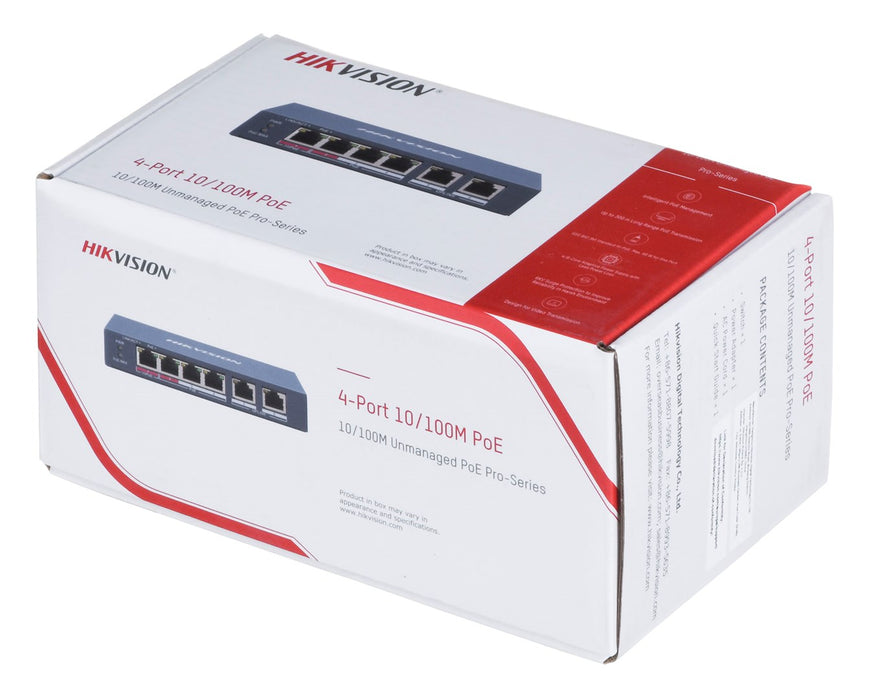 HikVision 6 Port Fast Ethernet Unmanaged POE Switch, 4x 10/100 Mbps PoE port, 2x 10/100 Mbps RJ45 port, Power Budget 60W, Up to 300 m Long Range PoE Transmission