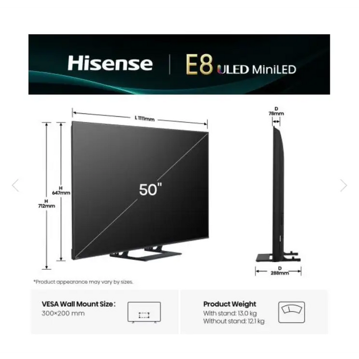 Hisense 50’’ E8Q 4K Ultra HD 3840x2160 ULED Quantum Dot,144 Hz,HDR 10+ HLG Dolby Vision DTS Virtual X Smart TV WiFi