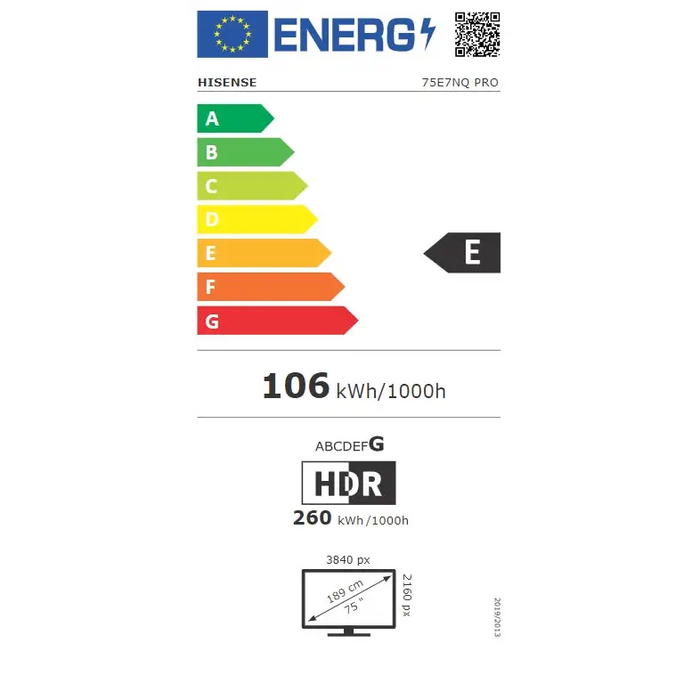 Hisense 75’’ E7NQ Pro 4K Ultra HD 3840x2160 QLED Quantum Dot 144Hz HDR 10+ adaptive HLG Dolby Vision DTS Virtual X