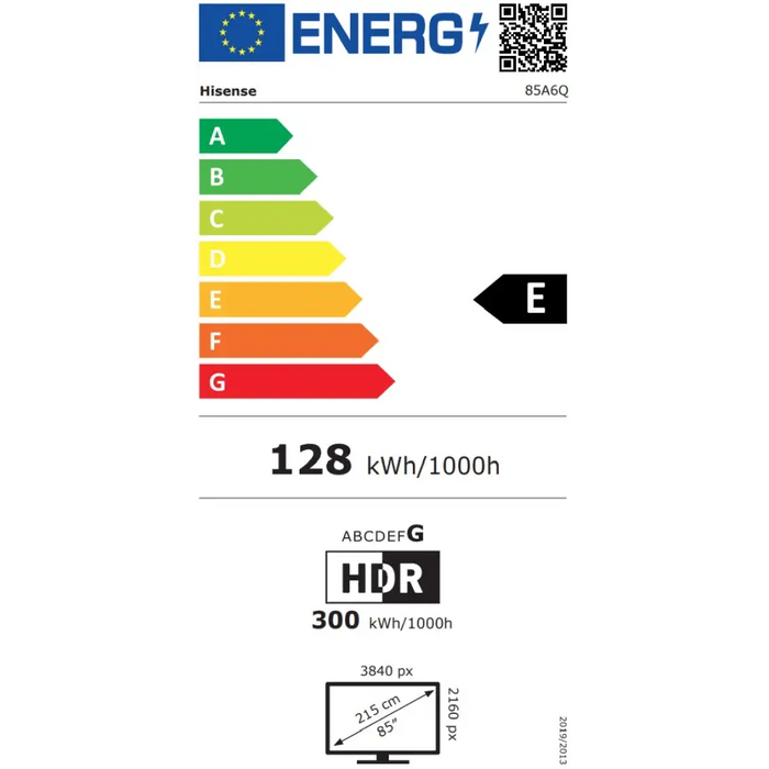 Hisense 85’’ A6Q 4K Ultra HD 3840x2160 DLED DFA Precision Colour HDR 10+ HLG Dolby Vision DTS Virtual X Smart TV WiFi