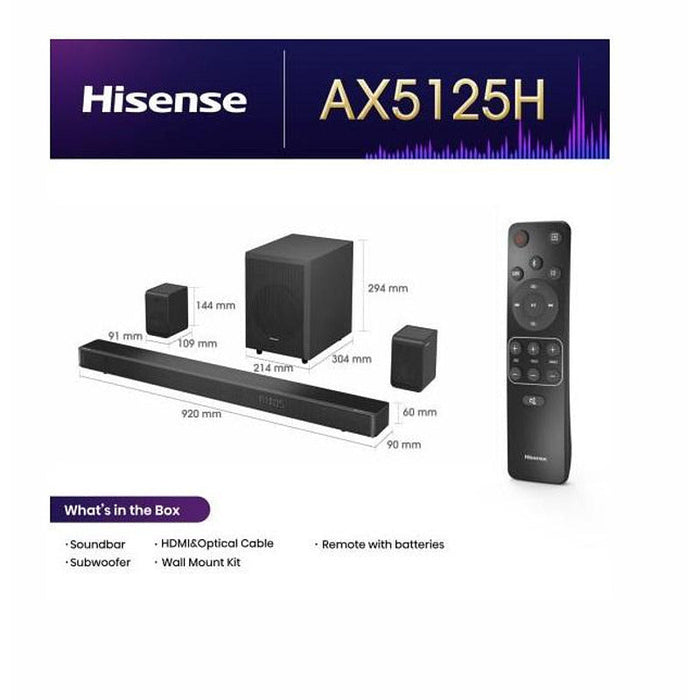 Hisense AX5125H 5.1.2Ch Sound Bar with Wireless Subwoofer 500W Dolby Atmos Bluetooth 5.3 4K HDMI Pass Through DTS:X