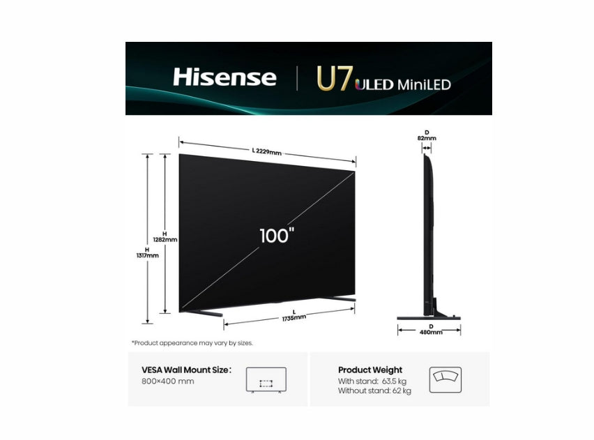Hisense, 100''  U7Q,ULED Smart, FALD, 165Hz, 5000:1,Quantum Dot, Dolby vision IQ,Vidaa, ADS, Black