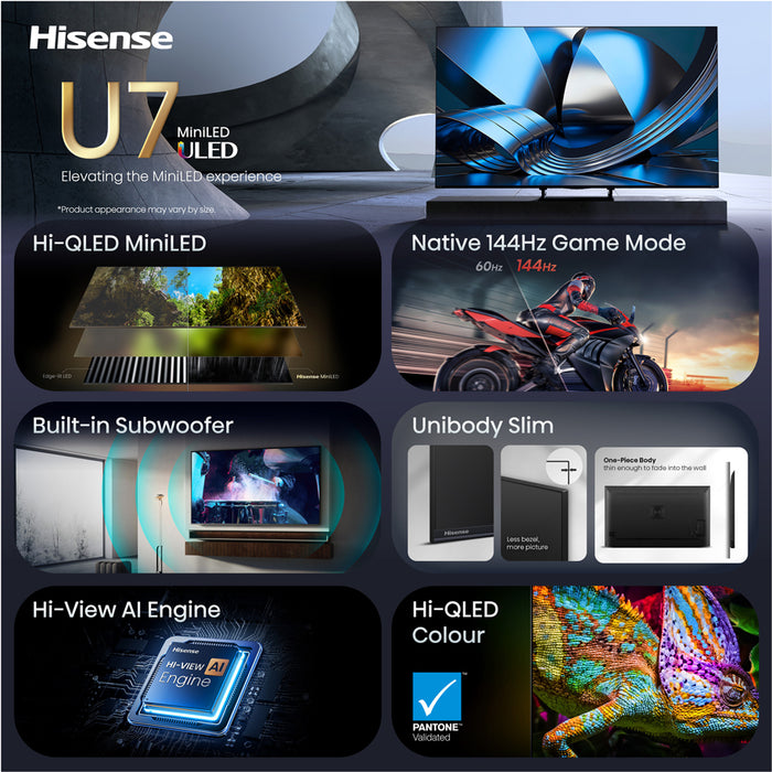Hisense 75"U7SE, 4K Ultra HD 3840x2160, ULED, FALD, Quantum Dot, 144Hz, IPS, HDR 10+, HLG, Dolby Vision IQ, Dolby Atmos, Smart TV, WiFi 5GHz, WiFi Direct, BT, Anyview Cast,light sensor, 4xHDMI, 2xUSB, LAN, CI+, DVB-T2/C/S2, Black