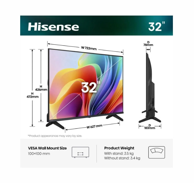 Hisense 32" A4S, HD 1366x768,3000:1, DLED, HLG, DTS Virtual X, Smart TV, WiFi, WiFi Direct, BT, VIDAA U7,Anyview Cast, 2xHDMI, 2xUSB, LAN, CI+, DVB-T2/C/S2, Black