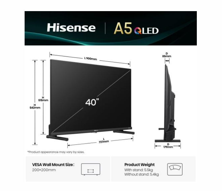 Hisense 40" A5Q, Full HD 1920x1080, QLED, Quantum Dot, HDR, HLG, DTS HD, Light Sensor, Dolby Audio, Smart TV, WiFi, WiFi Direct, 2xHDMI, 2xUSB, LAN, CI+, DVB-T2/C/S2, Black