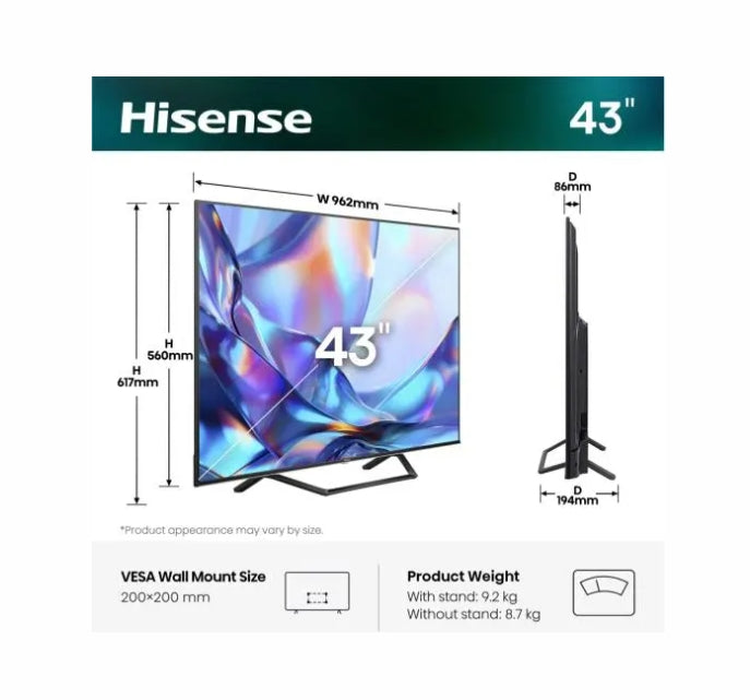 Hisense 43" A7S, 4K Ultra HD 3840x2160, QLED, FALD, Quantum Dot, HDR 10+, HLG, Dolby Vision, Dolby Atmos, Smart TV, WiFi 5GHz, WiFi Direct, BT, Anyview Cast, 3xHDMI, 2xUSB, LAN, CI+, DVB-T2/C/S2, Black