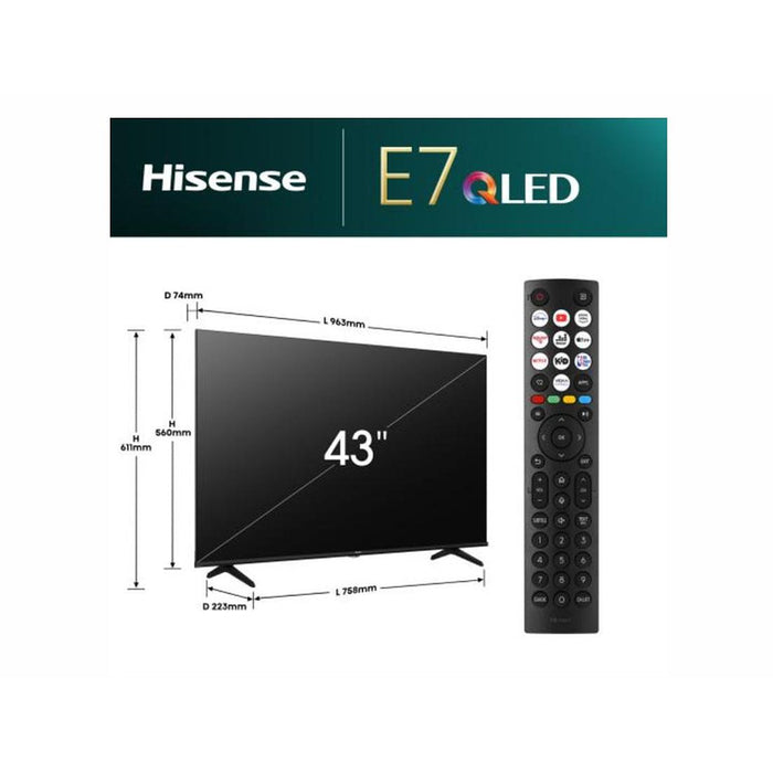 Hisense 43" E7Q, 4K Ultra HD 3840x2160, QLED, Quantum Dot, HDR 10+, HLG, Dolby Vision, Light Sensor, Smart TV, WiFi 5GHz, WiFi Direct, BT, Anyview Cast, 3xHDMI, 2xUSB, LAN, CI+, DVB-T2/C/S2, Black