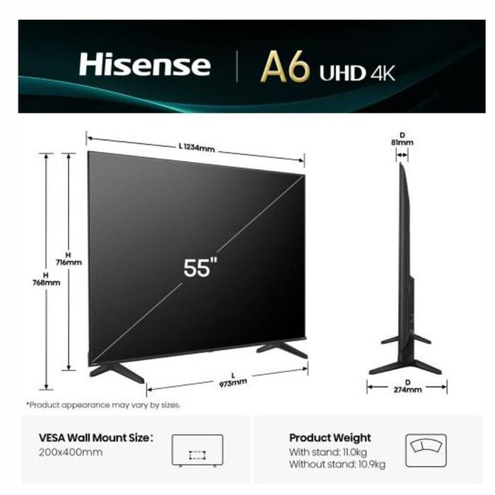 Hisense 55" A6Q, 4K Ultra HD 3840x2160, DLED, DFA, Precision Colour, HDR 10+, HLG, Dolby Vision,Light sensor, Smart TV, WiFi, BT, AnyView Cast, Gaming Mode, 1xHDMI2 eArc, 3xHDMI, 2xUSB, LAN, CI+, DVB-T2/C/S2, Black