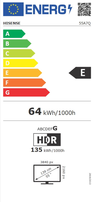 Hisense 55"A7Q, 4K Ultra HD 3840x2160, Quantum Dot, Light Sensor,HDR 10+, HLG, Dolby Vision, Dolby Atmos, Smart TV, Voice Control,2x10 W + 20 W ,WiFi 5GHz, WiFi Direct, BT, Anyview Cast, 3xHDMI, 2xUSB, LAN, DVB-T2/C/S2, Black