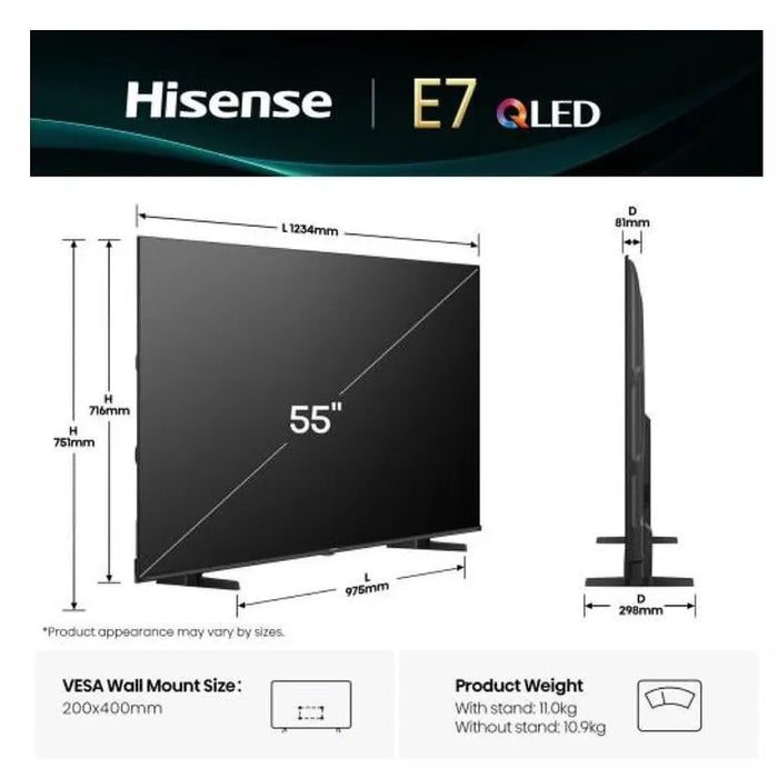 Hisense 55" E7Q, 4K Ultra HD 3840x2160, QLED, Quantum Dot, HDR 10+, HLG, Dolby Vision, DTS Virtual X, Smart TV, WiFi, Light Sensor, BT, Anyview Cast, 3xHDMI, 2xUSB, LAN, CI+, DVB-T2/C/S2, Black