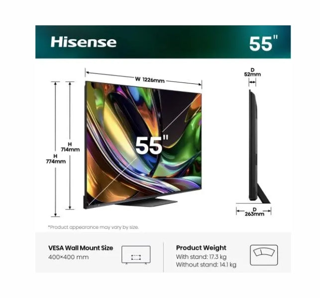 Hisense 55" UR8S, 4K Ultra HD 3840x2160, RGB Mini Led , DLED, Quantum Dot, 180Hz, IPS, HDR 10+, HLG, Dolby Vision IQ, Dolby Atmos, Smart TV,Light Sensor,WiFi 6eGHz, WiFi Direct, BT,2x10 W + 20 W + 2x5 W, Anyview Cast, 4xHDMI, 2xUSB, LAN, CI+, DVB-T2/C/S2