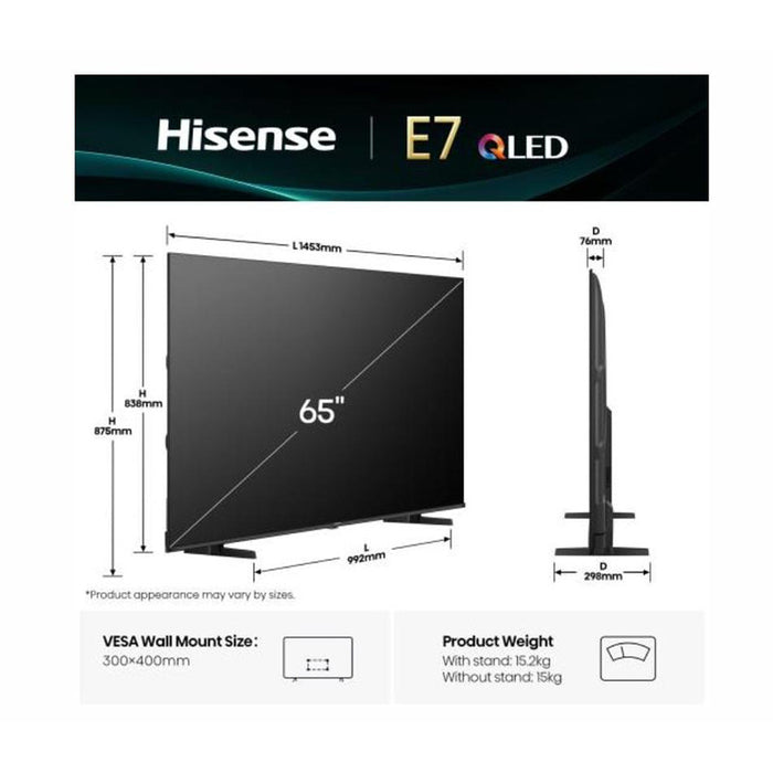Hisense 65" E7Q, 4K Ultra HD 3840x2160, QLED, Quantum Dot, HDR 10+, HLG, Dolby Vision, DTS Virtual X, Smart TV,Light Sensor,WiFi Direct, BT, Anyview Cast, 3xHDMI, 2xUSB, LAN, CI+, DVB-T2/C/S2, Black