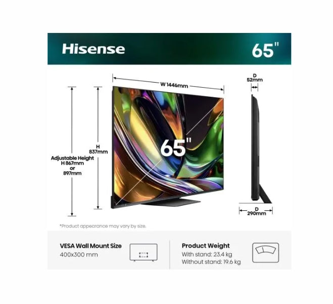 Hisense 65" UR8S, 4K Ultra HD 3840x2160, RGB Mini Led , DLED, Quantum Dot, 180Hz, IPS, HDR 10+, HLG, Dolby Vision IQ, Dolby Atmos, Smart TV,Light Sensor,WiFi 6eGHz, WiFi Direct, BT,2x10 W + 20 W + 2x5 W, Anyview Cast, 4xHDMI, 2xUSB, LAN, CI+, DVB-T2/C/S2