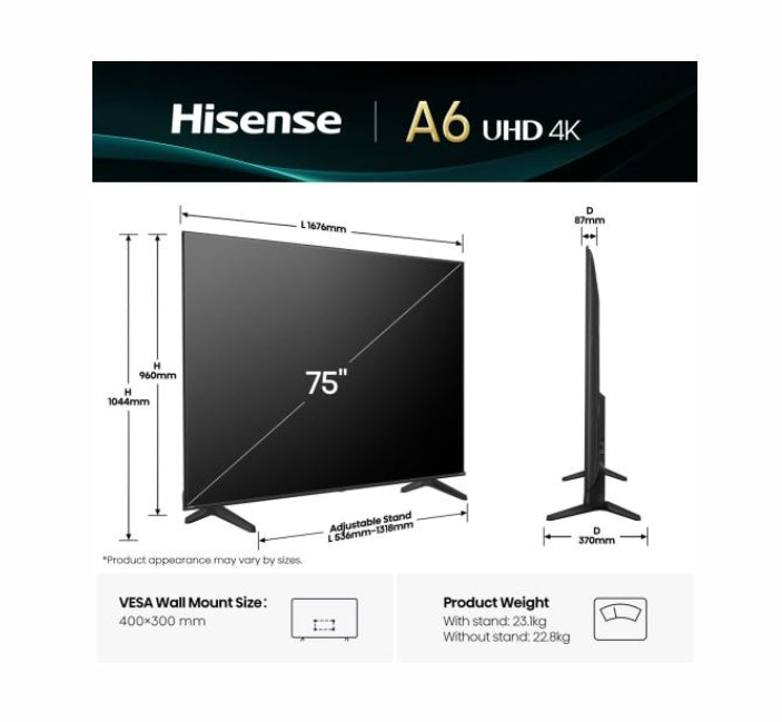 Hisense 75" A6Q, 4K Ultra HD 3840x2160, DLED, DFA, Precision Colour, HDR 10+, HLG, Dolby Vision,Light sensor, Smart TV, WiFi, BT, AnyView Cast, Gaming Mode, 1xHDMI2 eArc, 3xHDMI, 2xUSB, LAN, CI+, DVB-T2/C/S2, Black