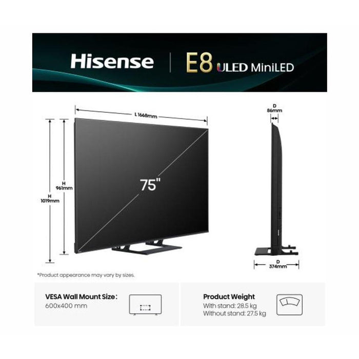 Hisense 75" E8Q, 4K Ultra HD 3840x2160, ULED, Quantum Dot,144 Hz, HDR 10+, HLG, Dolby Vision, DTS Virtual X, Smart TV, Light Sensor, WiFi Direct, BT, Anyview Cast, 3xHDMI, 2xUSB, LAN, CI+, DVB-T2/C/S2,Singale stand, Black