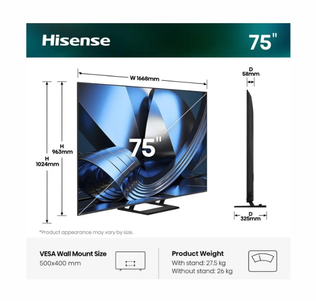 Hisense 75"U7SE, 4K Ultra HD 3840x2160, ULED, FALD, Quantum Dot, 144Hz, IPS, HDR 10+, HLG, Dolby Vision IQ, Dolby Atmos, Smart TV, WiFi 5GHz, WiFi Direct, BT, Anyview Cast,light sensor, 4xHDMI, 2xUSB, LAN, CI+, DVB-T2/C/S2, Black